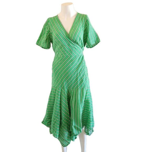 Vince camuto women's size 10 green white striped wrap v-neck flutter dress - Picture 1 of 6